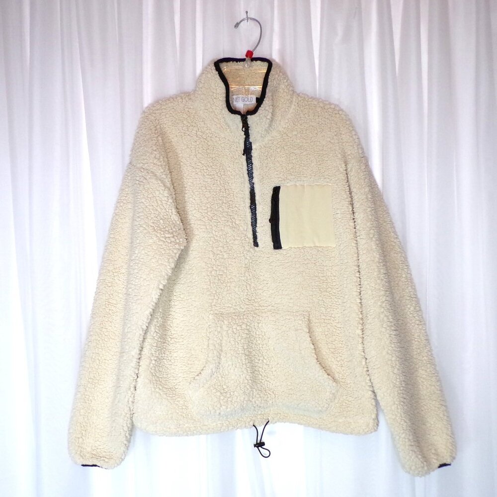 Cream Sherpa Sweater Juniors Women Medium Pockets 1/4 Zip Pullover Planet Gold